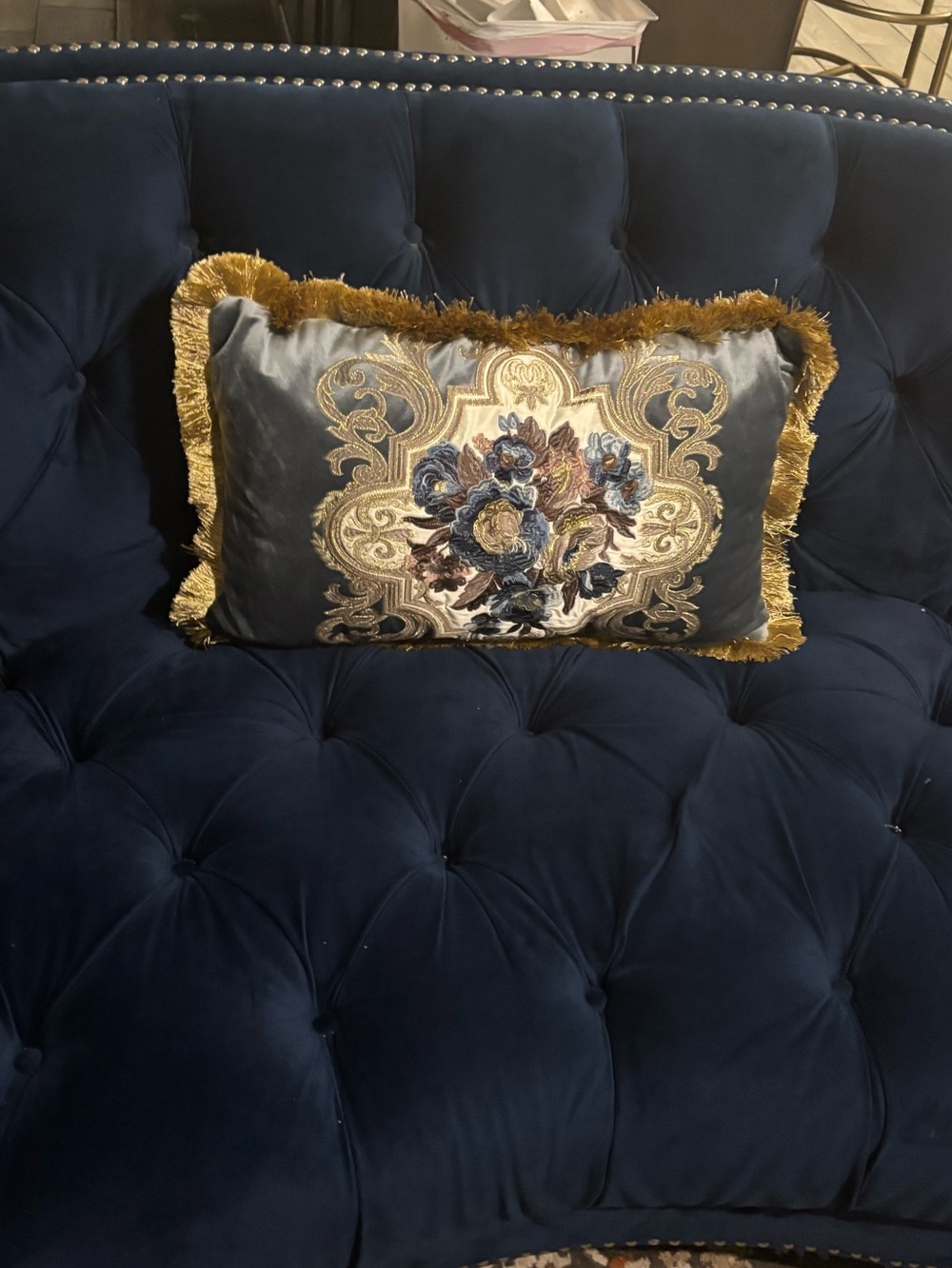 Embroidered Floral Velvet Throw Pillow with Gold Fringe NEVER USED